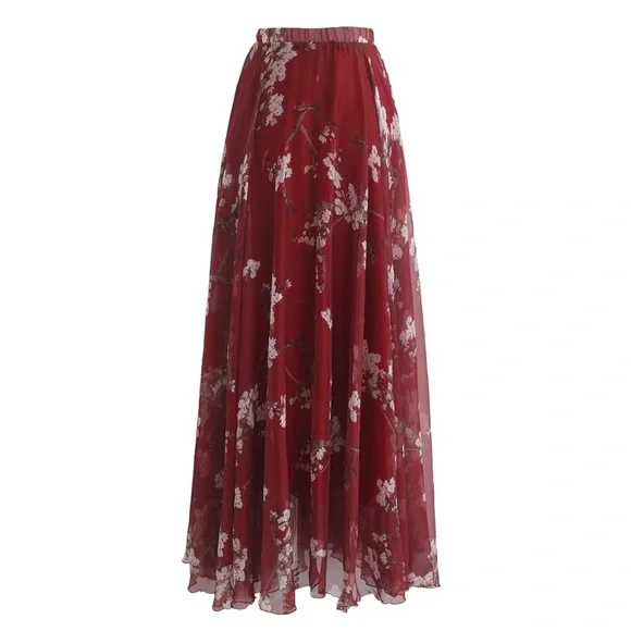 Floral Chiffon Circle Women High Waist Maxi Skirt Relaxed Lightweight Chic Skirt - Picture 7 of 9